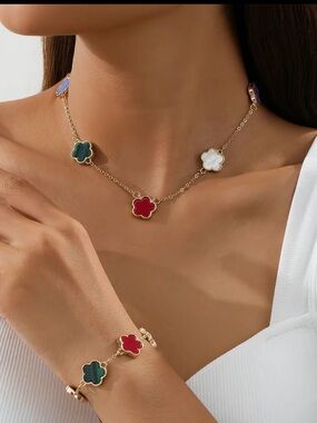 Gold Tone Multicolor Clover Necklace & Bracelet Set - Red, Green, White, Purple